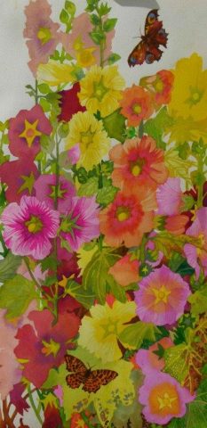 Hollyhocks with a butterfly painted by Liz Bradley