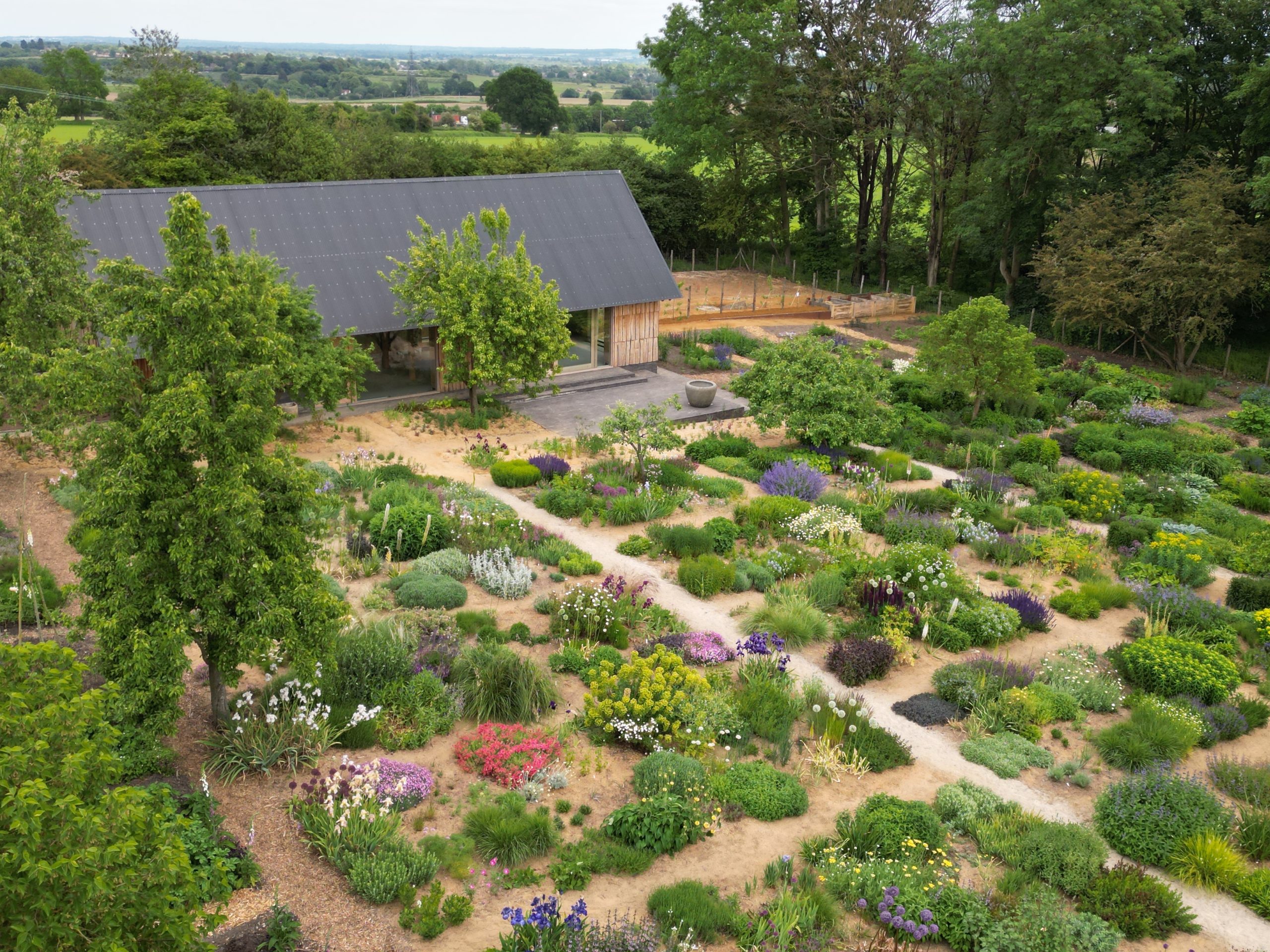 The Plant Library and the Orchard Barn at the Barn Garden, Hertfordshire home to Tom and Sue Stuart-Smith
