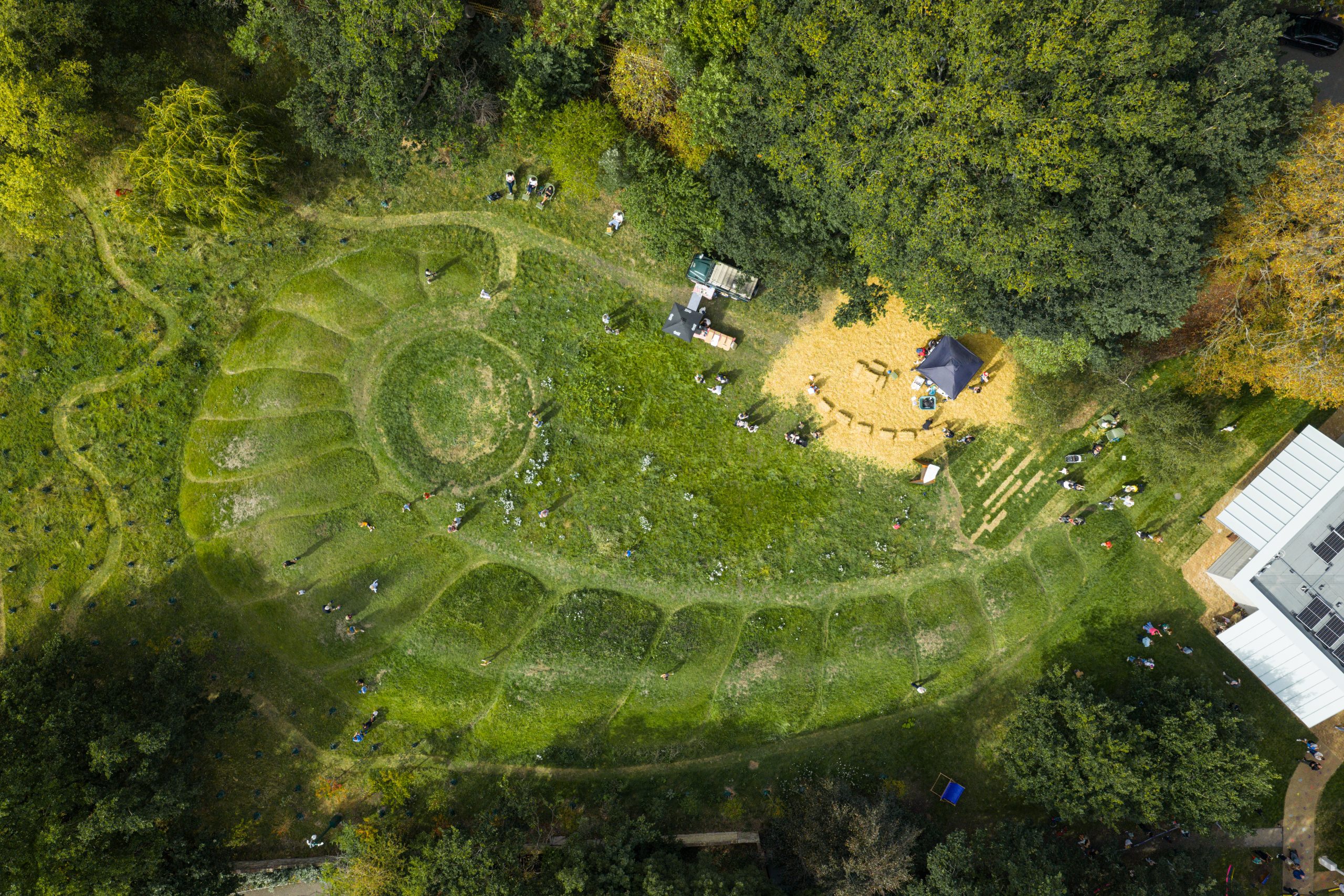 An aerial view of Kim Wilkie's new Lovington Sculpture Meadow at Dulwich Picture Gallery
